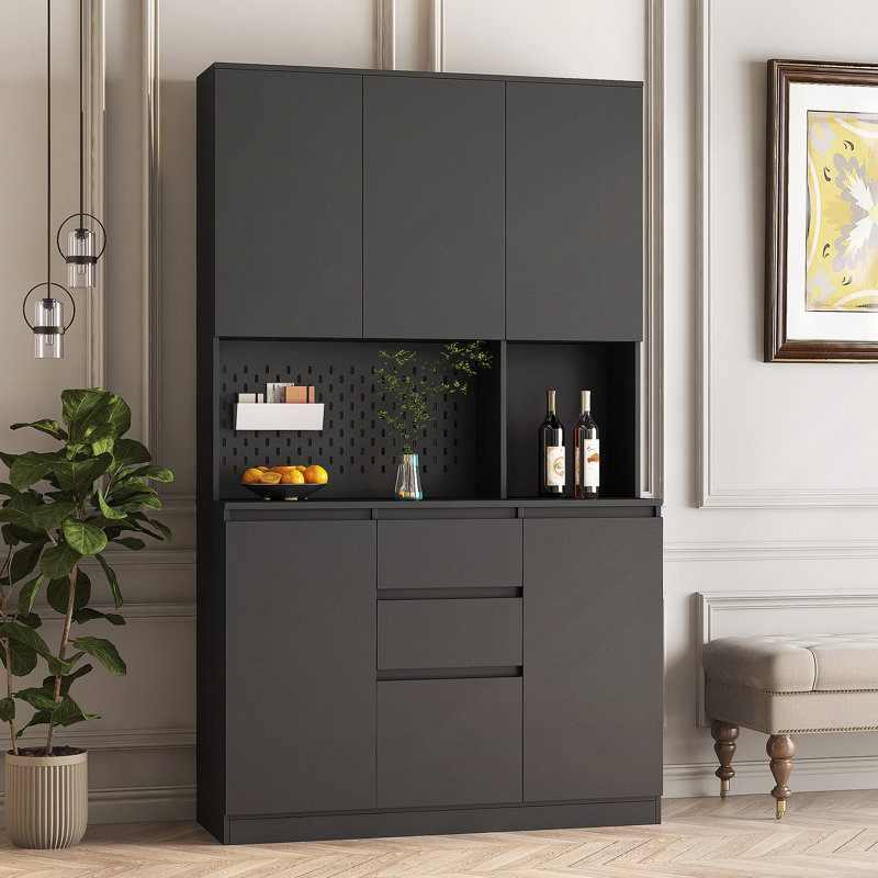 Kitchen Pantry Cabinet With Charging Station, Freestanding Buffet Cupboards Sideboard With Drawers, Storage Cabinet, Gray