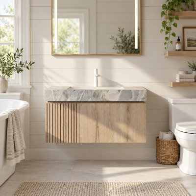 Meuble-lavabo moderne avec lavabo simple brillant, plateau de table en pierre frittée avec jolis armoires en bois, pré-assemblé