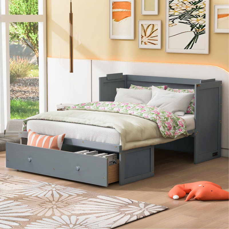 Lit escamotable avec port USB et grand tiroir, Gris, Lit double