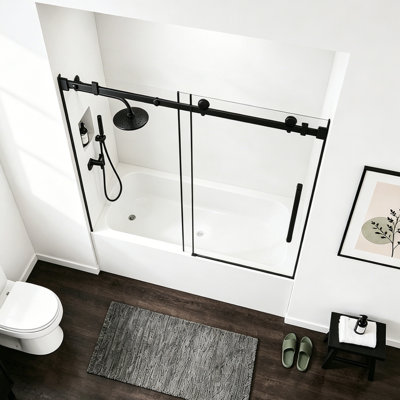 Porte de douche coulissante simple sans cadre l 60 po x H 60 po, verre trempé transparent de 1/4 po avec film antidéflagrant, rail et poignée en tube d'acier inoxydable noir mat