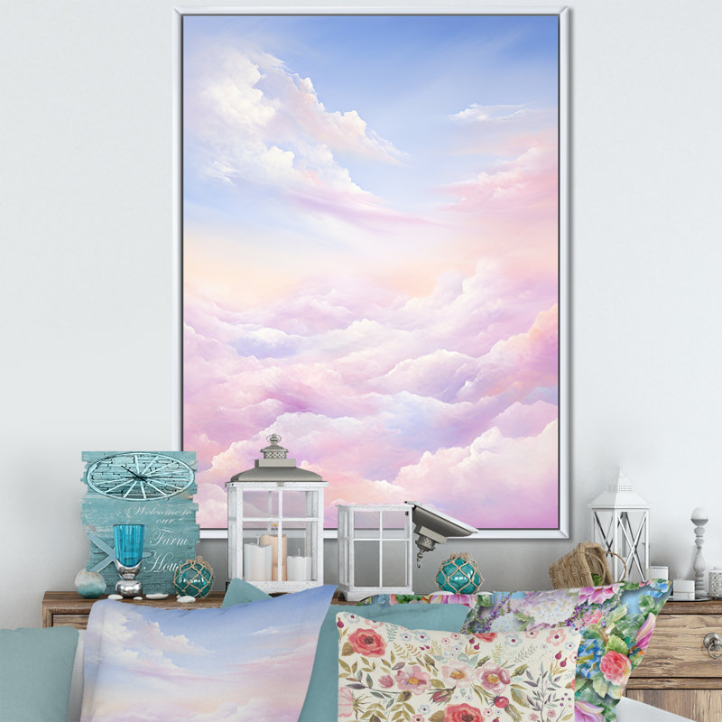 «Pink Clouds Scenery Minimalisme», reproduction sur toile, Cadre flottant blanc, H 32 po x l 16 po x P 1 po