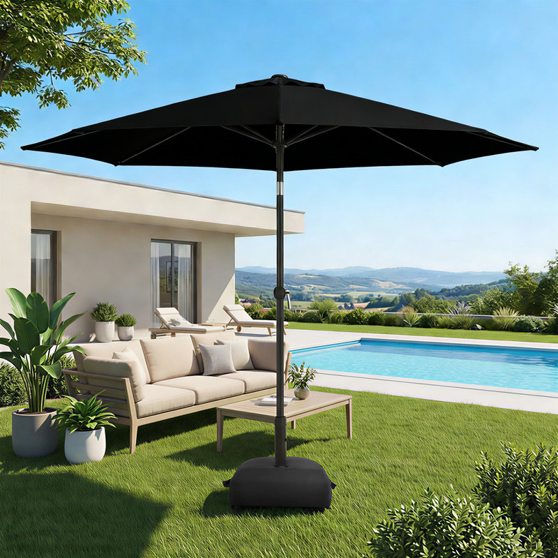 Parasol de marché 9 pi avec base et bouton poussoir inclinable 9 pi, Noir