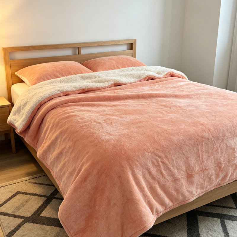 Jeté en sherpa chaud réversible., Lit simple, Rose