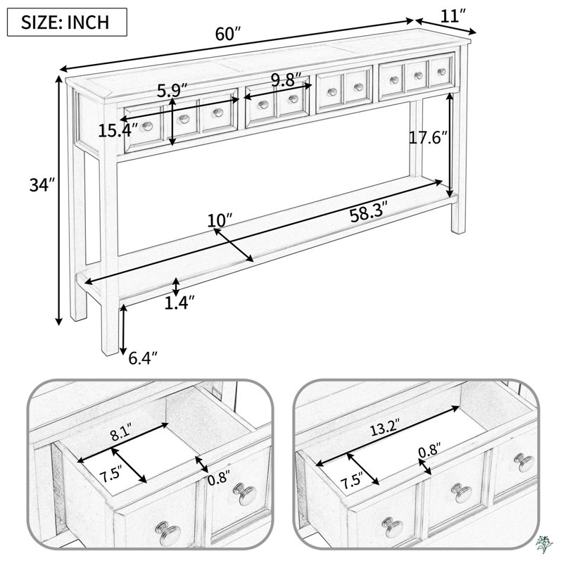 Entryway Console Table, 60" Long Sofa Table With Two Different Size Drawers And Bottom Shelf, Gray Wash