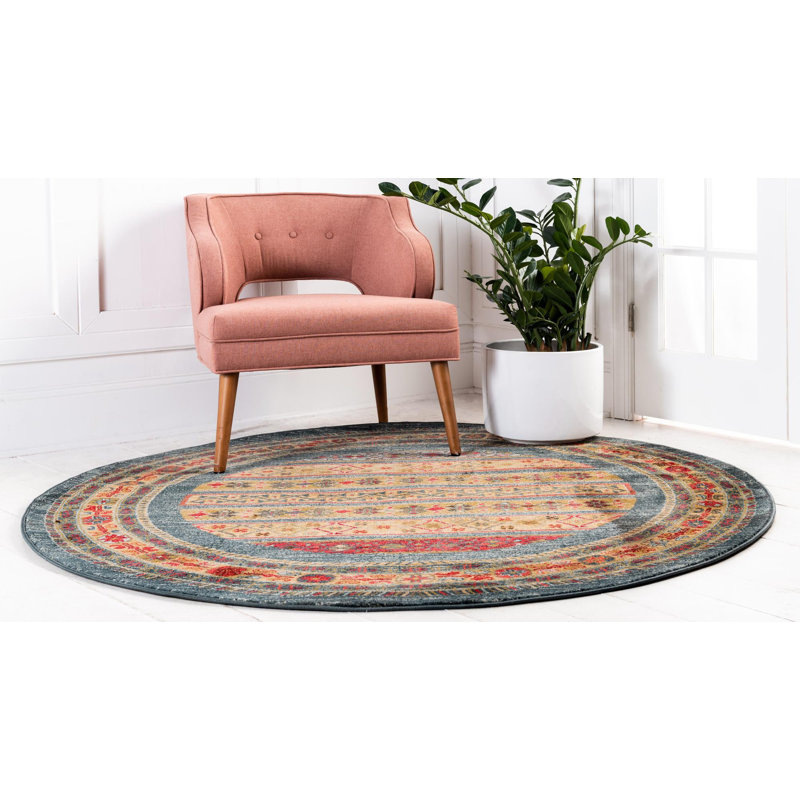 Tapis à motif géométrique Jaeden, Rond 3 pi 3 po, Bleu