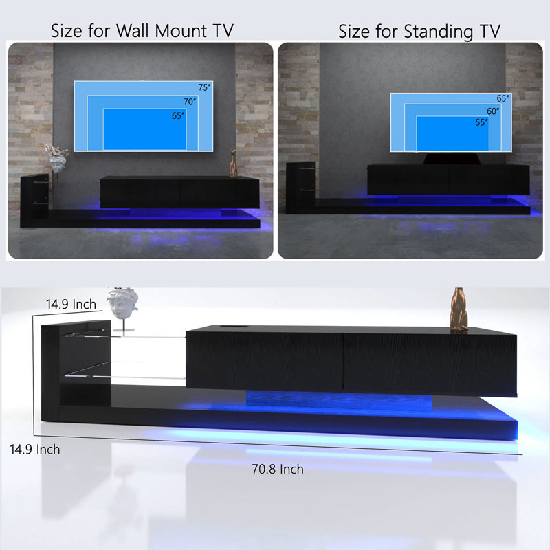 [New Update] LED TV Stand For 55 65 75 Inch TV, Modern Entertainment Center Equipped With Power Outlet, 50 60 70 Inch TV Console For Homes & Apartments, Black
