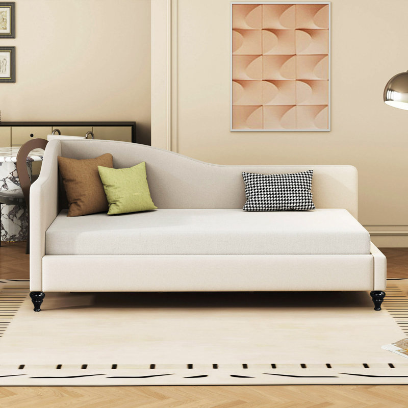 L-Shaped Linen Daybed, With Solid Wood Legs, Beige, Twin