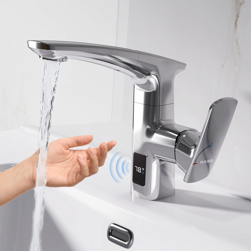MASO Touchless Pull-Down Bathroom Sink Faucet, 2 Spray Modes, Temperature Display (°F), Motion Sensor, 360° Swivel, Single Handle, 1 or 3 Hole, Deck Plate, Vanity, Laundry & Bar,  Polished Chrome