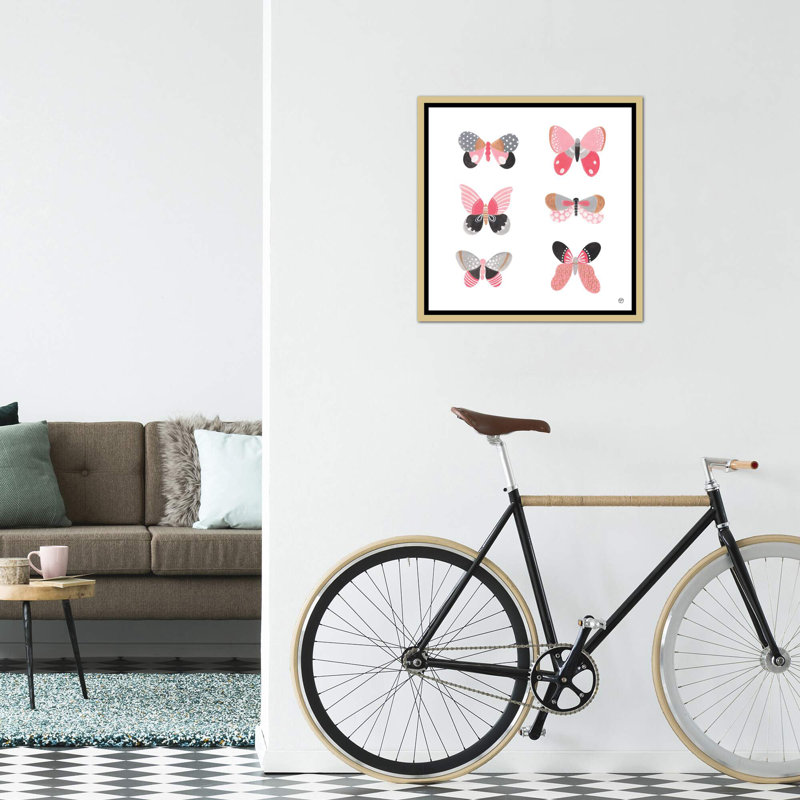6 papillons art, Toile encadrée d'or, H 18 po x l 18 po x P 1,5 po