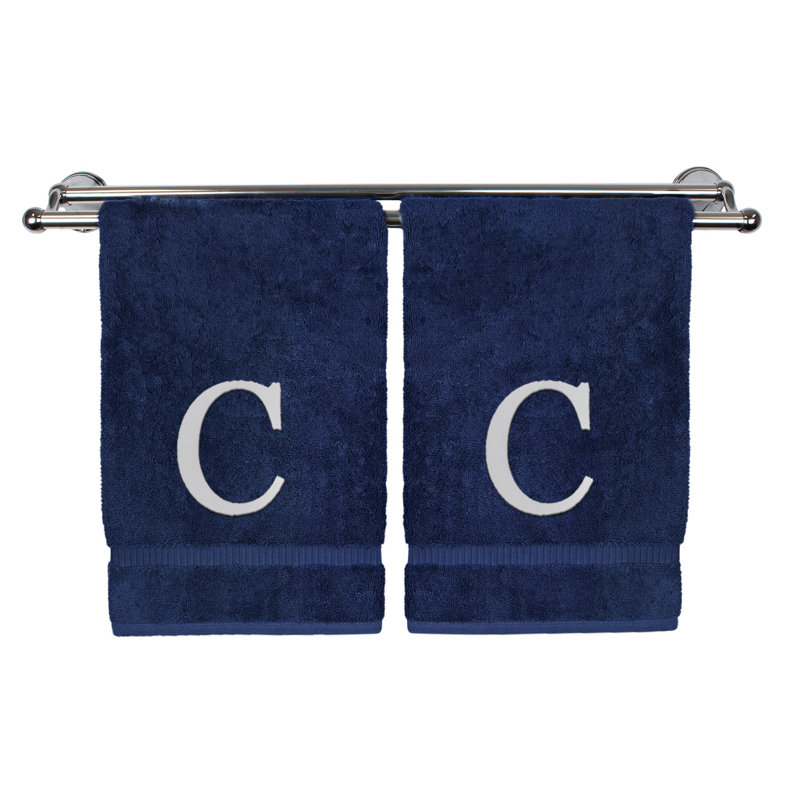 Essuie-mains monogrammés - ensemble de 2 - lettre bloc, Bleu marine/blanc, C