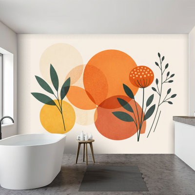 Papier peint adhésif autocollant abstrait botanique, orange, jaune, beige, cercles géométriques, feuilles vertes, papier autocollant amovible pour décoration murale, salon, H 100 po x l 144 po