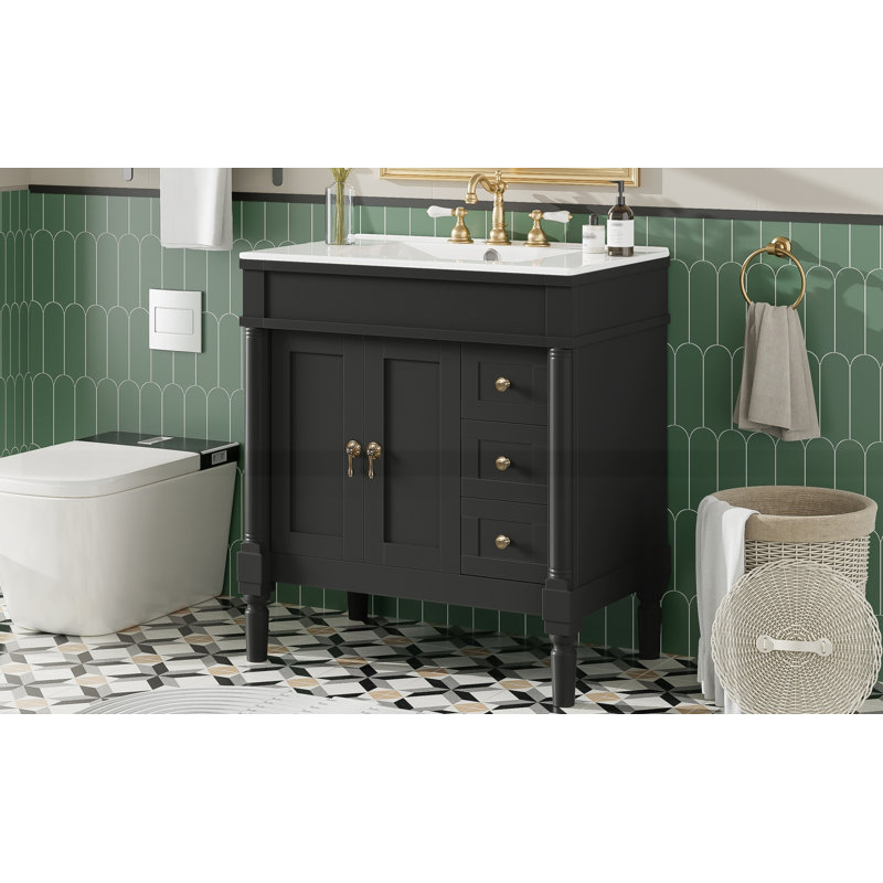 Meuble-lavabo moderne de 30 pouces avec 2 portes et 3 tiroirs, Noir