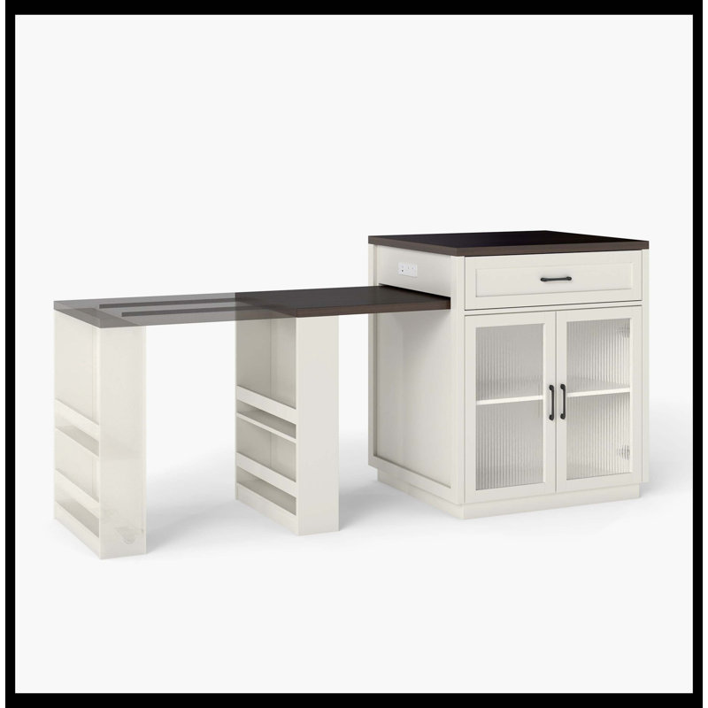 Îlot de cuisine extensible 83,1 po avec table coulissante, supports de rangement et prise de courant, îlot de cuisine à portes en verre trempé avec grain de bois noyer, blanc crème