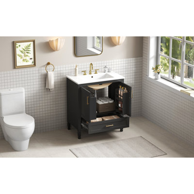 Meuble-lavabo cannelé élégant de 30 po avec lavabo en céramique, boîte simple, pieds en bois massif, portes et tiroir à fermeture en douceur, tablette de porte