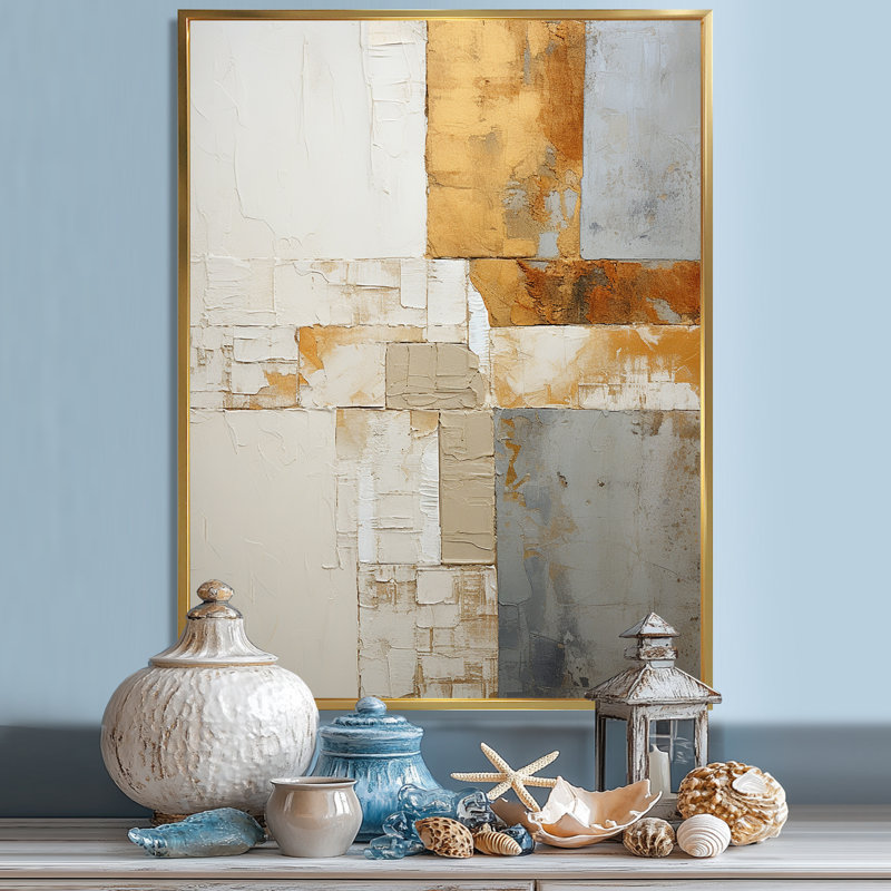 «Minimalisme beige et vague dorée horizon II», reproduction d'art sur toile, Cadre flottant doré, H 44 po x l 34 po
