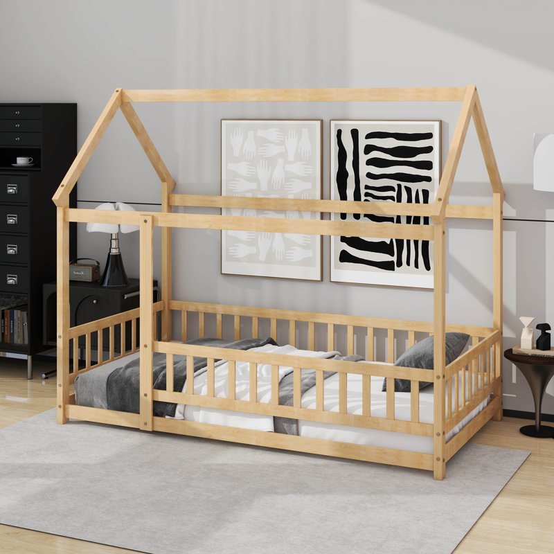 Lit simple en bois avec clôture, Naturel