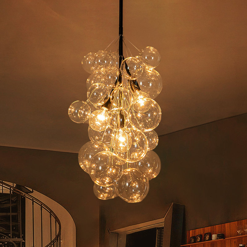 Lustre en verre bullé à 3 lumières Lelaina, Matte Black, Clair