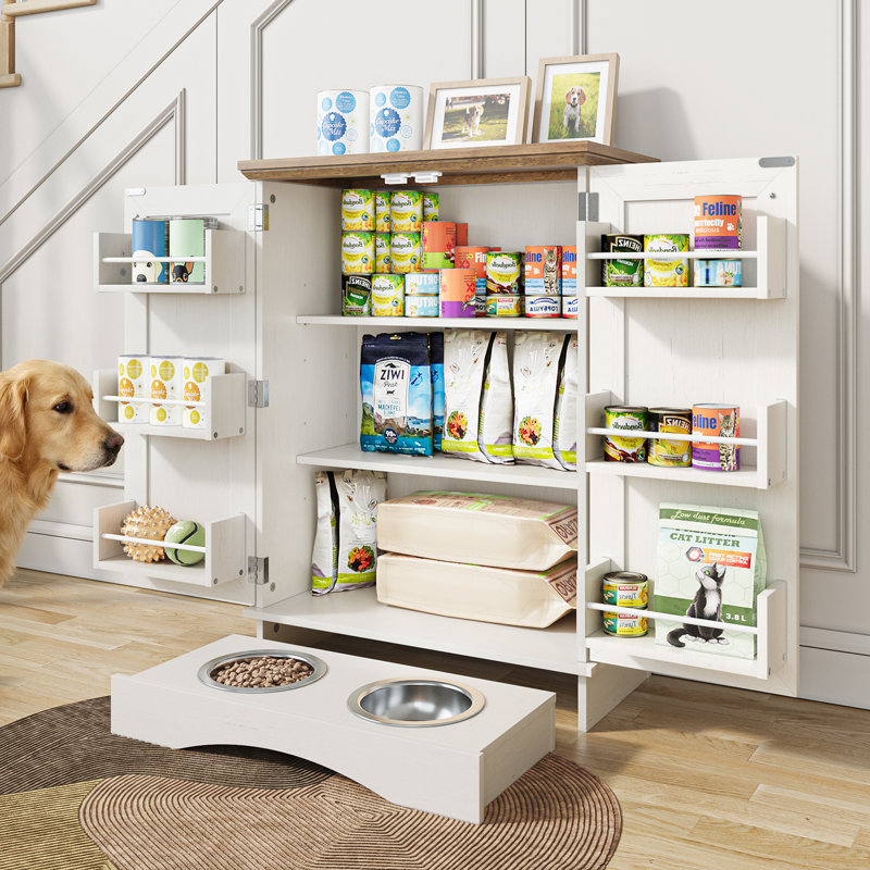 Station d'alimentation pour chien, armoire de rangement pour nourriture pour chien avec bols cachés pour chien, panneau réglable, crochets pour chiens de taille moyenne