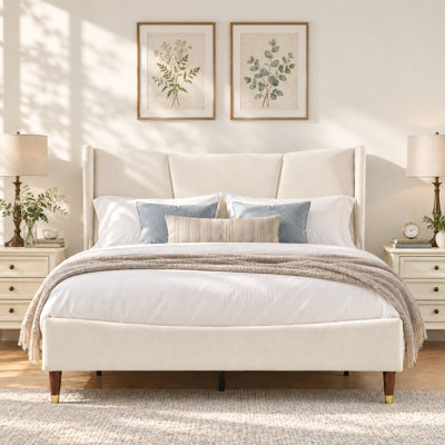 Gaillarde Curved Headboard Upholstered Wingback Platform Bed,Off White,Full