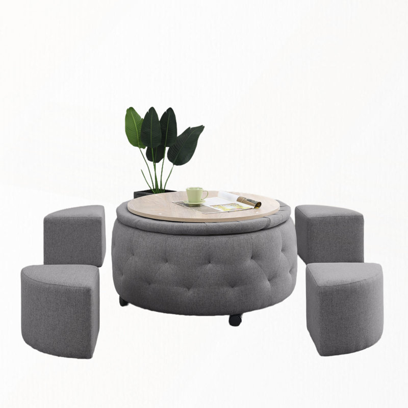 Repose-pieds rond à roulettes avec plateau de rangement réversible et 4 repose-pieds latéraux pour des solutions de rangement polyvalentes et cachées