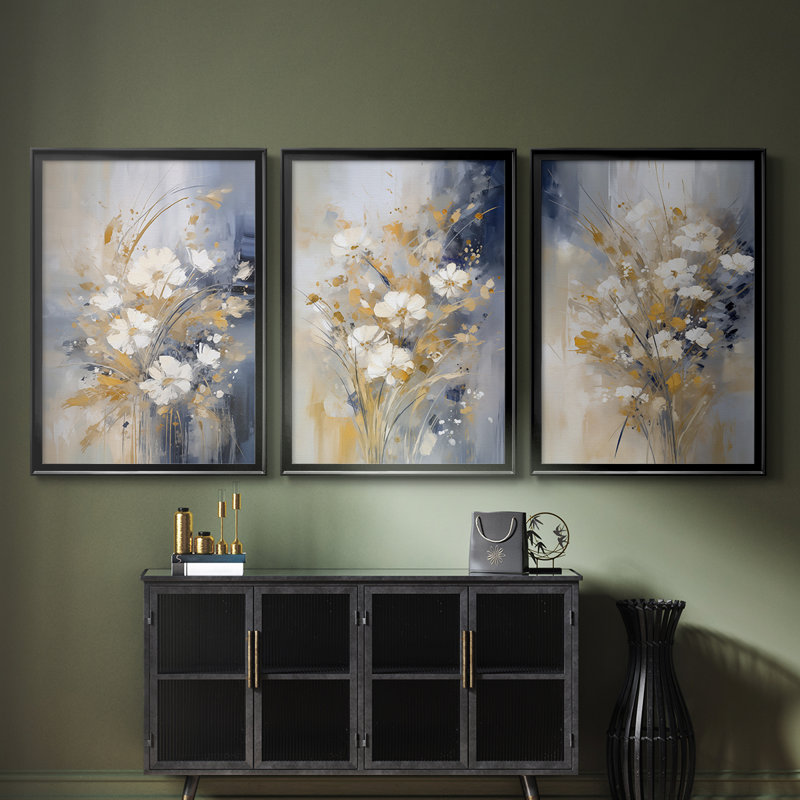 FLORAL Series CCCCXIV - Toile tendue avec châssis sur mesure - 3 pièces, H 19 po x l 45 po, Noir, noir, noir, noir