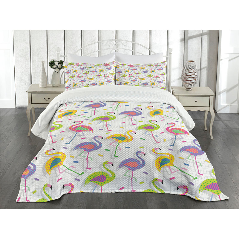 Ambesonne Flamingo Bedspread Set Retro Colorful Pattern Multicolor, King Coverlet / Bedspread + 2 Standard Shams