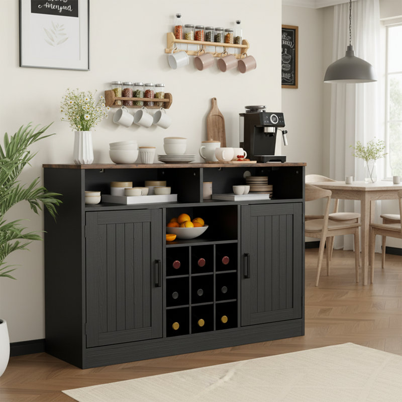 Farmhouse Buffet Cabinet With Prower Outlets, Rustic Sideboard Buffet With Wine Rack, Wooden Buffet Table For Dining Room, Antique Black