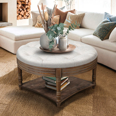 Grande table basse ronde avec repose-pieds imperméable surdimensionnée à 2 niveaux avec capitonnage à boutons et tablette en bois