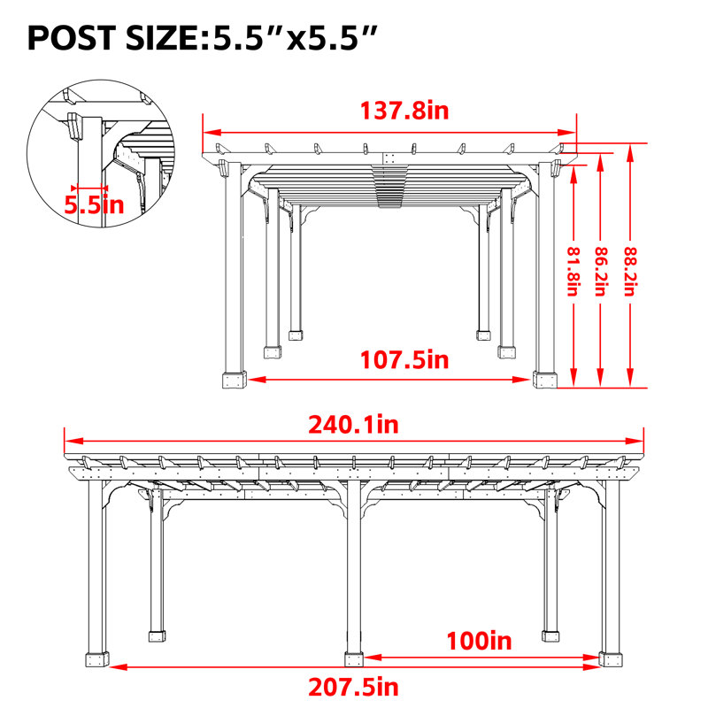 Pergola en bois massif, Guirlande 20 pi l 10 pi. x P 12 pi. po