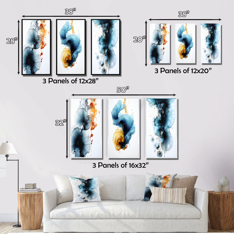 Finding Wonders Turquoise Gold Ink Cloud - Abstract Painting Art Set Of 3 Pieces, Cadre noir, H 28 po x l 36 po