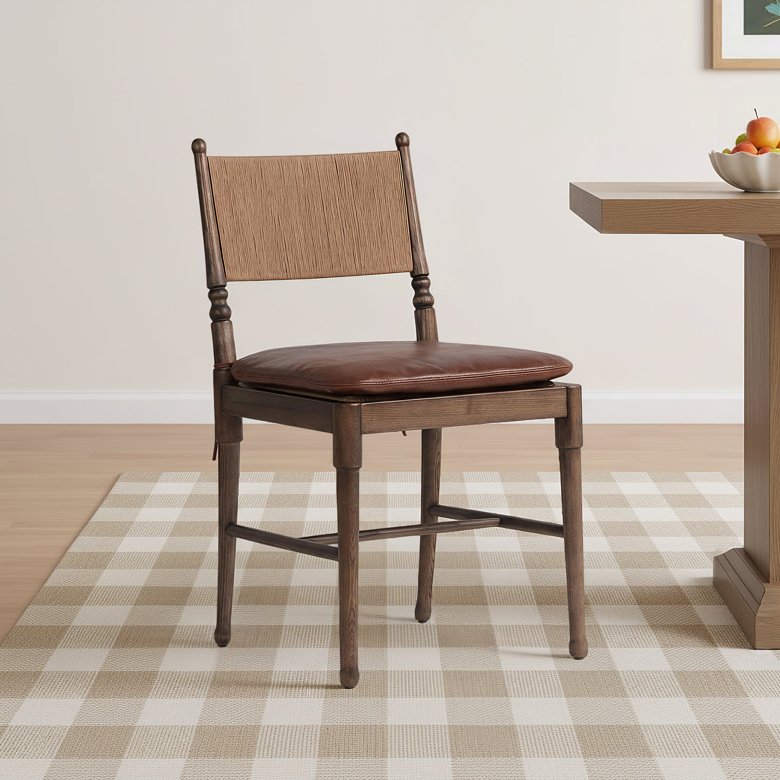 Fayth Dining Chair with Cushion, Mahogany Genuine Leather, Antique Walnut