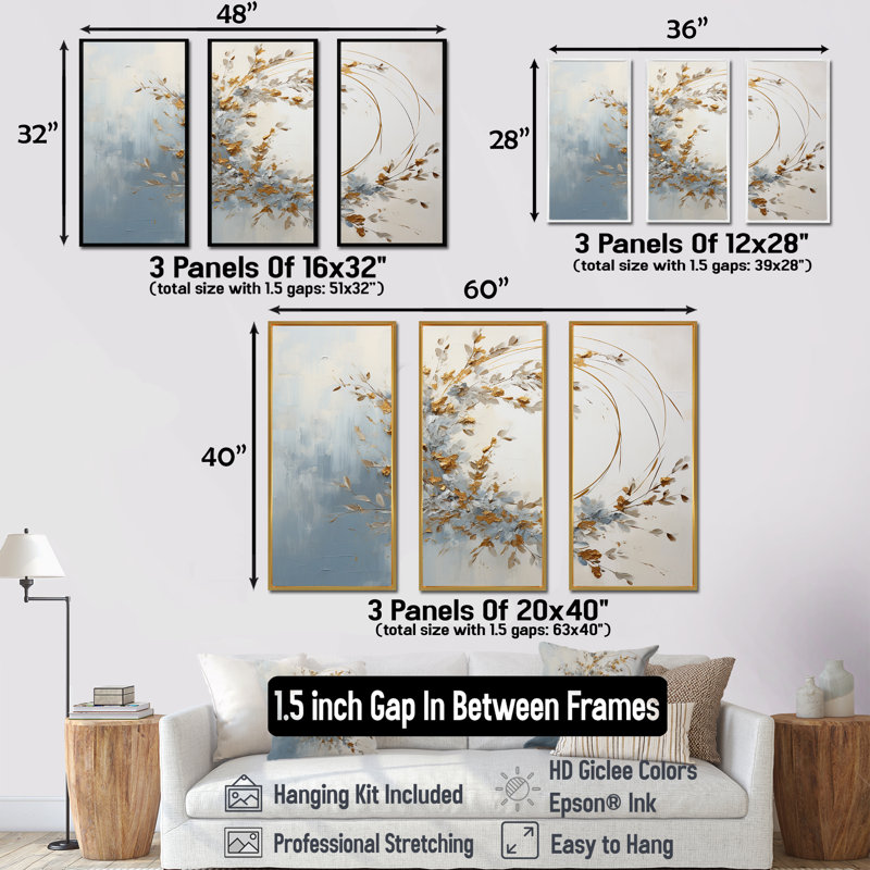 «Blue and Gold Wreath Flower IV - Wreath», ensemble d'art sur toile, Cadre naturel flottant, H 40 po x l 60 po x P 1 po
