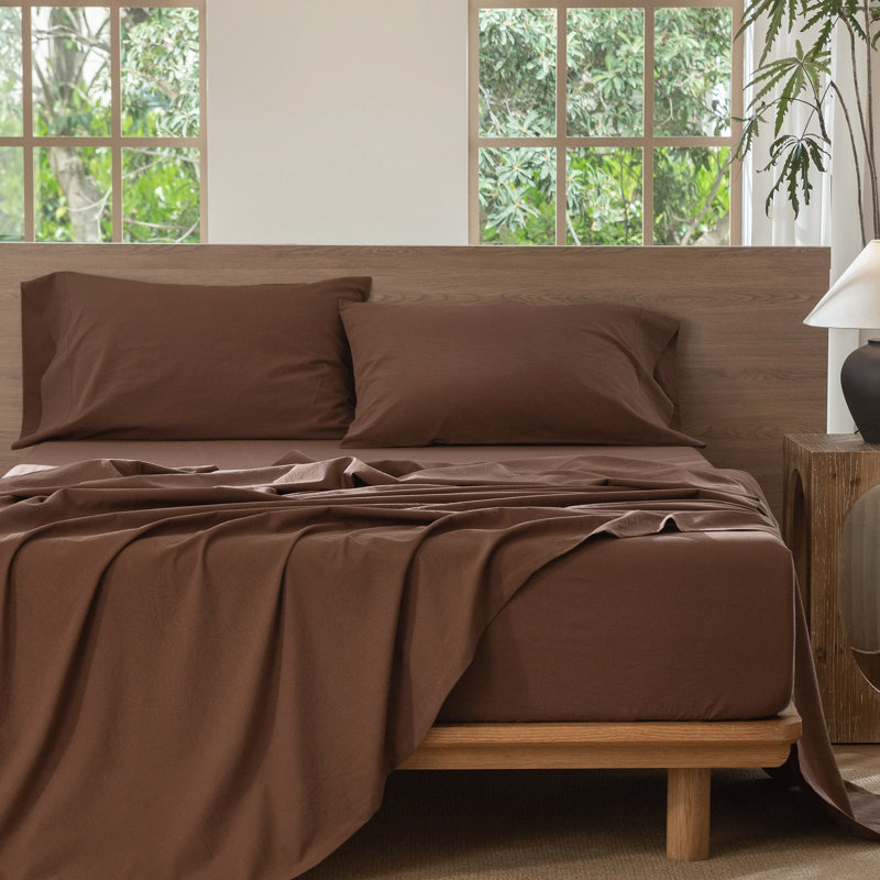 100% Washed Cotton Sheet Set Extra Deep Pocket Linen Like Textured, Cocoa Brown, King Sheet Set with 2 Pillowcases