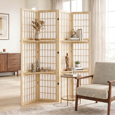 4-Panel Japanese Style Room Divider with Shelves – Wood Colour