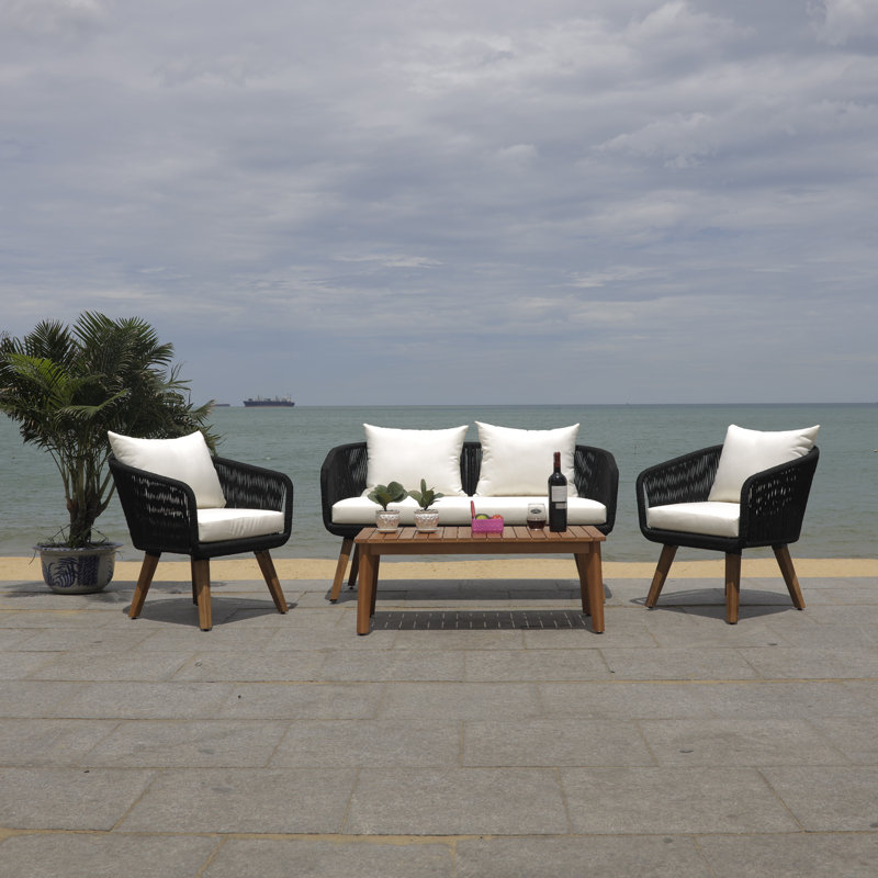 Robson Acacia 4 - Person Patio Conversation Set with Cushions, Black, Beige