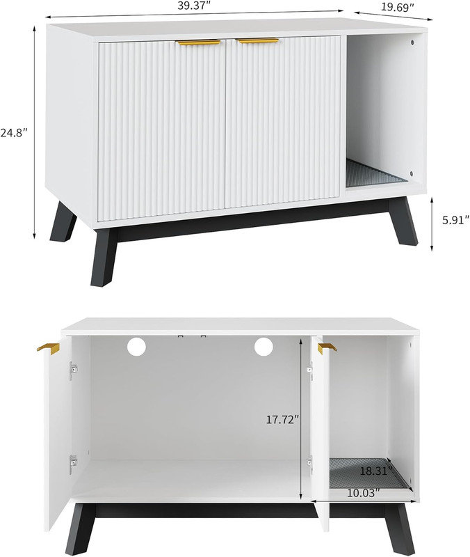 Enceinte de litière pour chat 38,6 "avec tapis et trous ventilés - meubles de litière cachés, table de bout, White