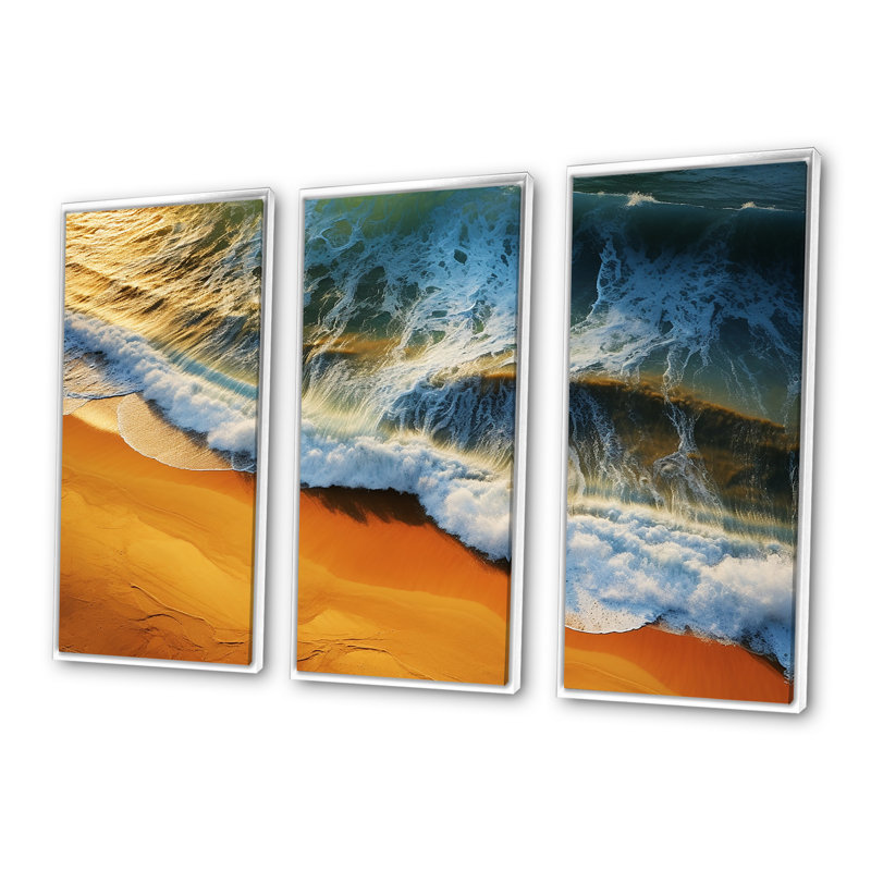 Vue aérienne de la plage bleue et orange IV - art mural plage, Cadre flottant blanc, H 28 po x l 36 po x P 1 po