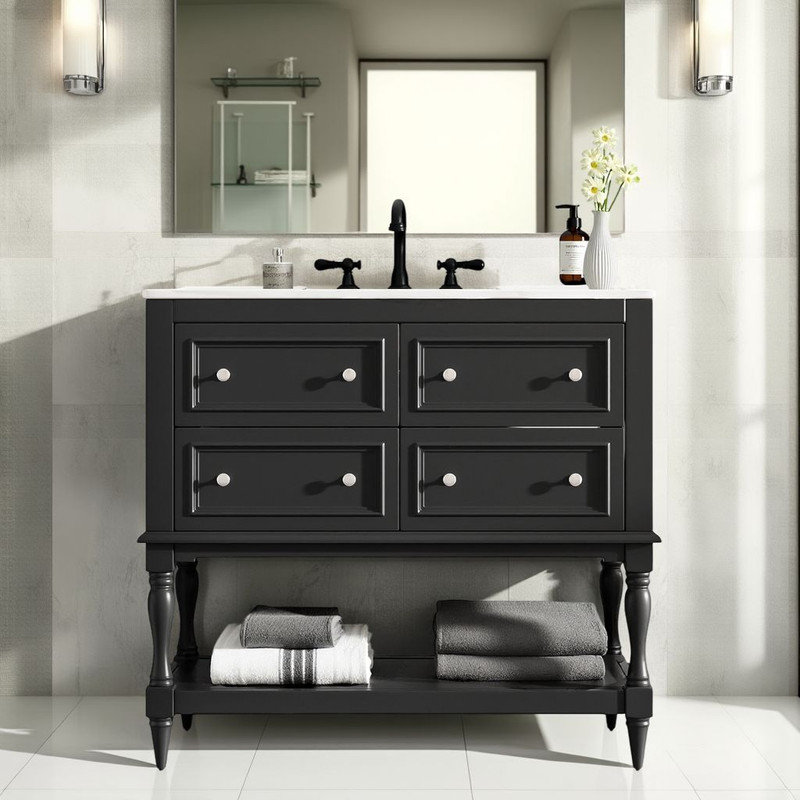 Meuble-lavabo en bois massif 36 po avec lavabo en céramique 36 po - Assemblage facile, Noir