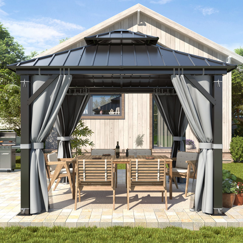 Pavillon de jardin extérieur en fer 10 pi x 10 pi, pavillon en acier galvanisé avec toit rigide et moustiquaire
