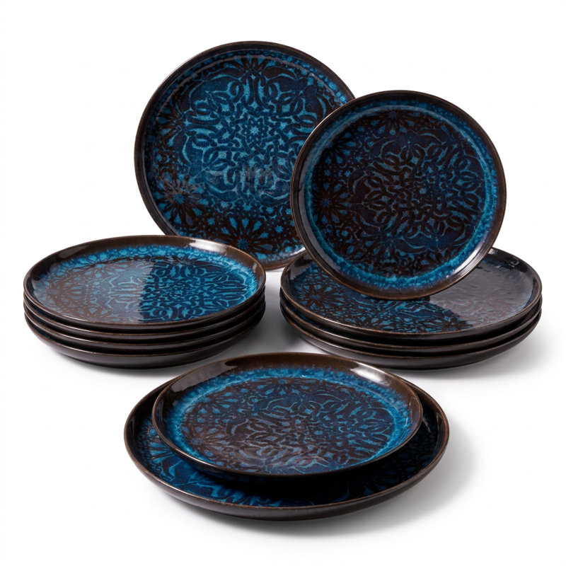 Artisanal Oceanic Blue Bone Porcelain Dinnerware Set (12-Piece Service for 4)