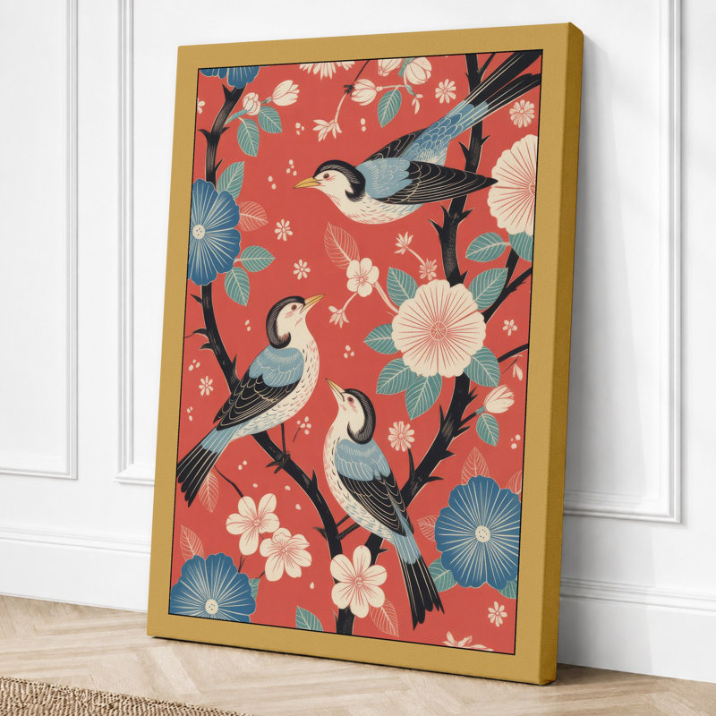 Puffins and Folk Flowers Boho - Wrapped Canvas, 24x16 - 61.0 x 40.6 cm, Ochre Border