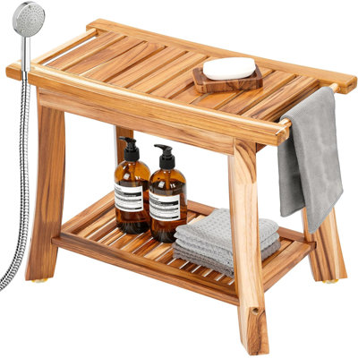 Banc de douche 24 po en teck massif avec barre à serviettes et tablette de rangement - Tabouret de bain imperméable