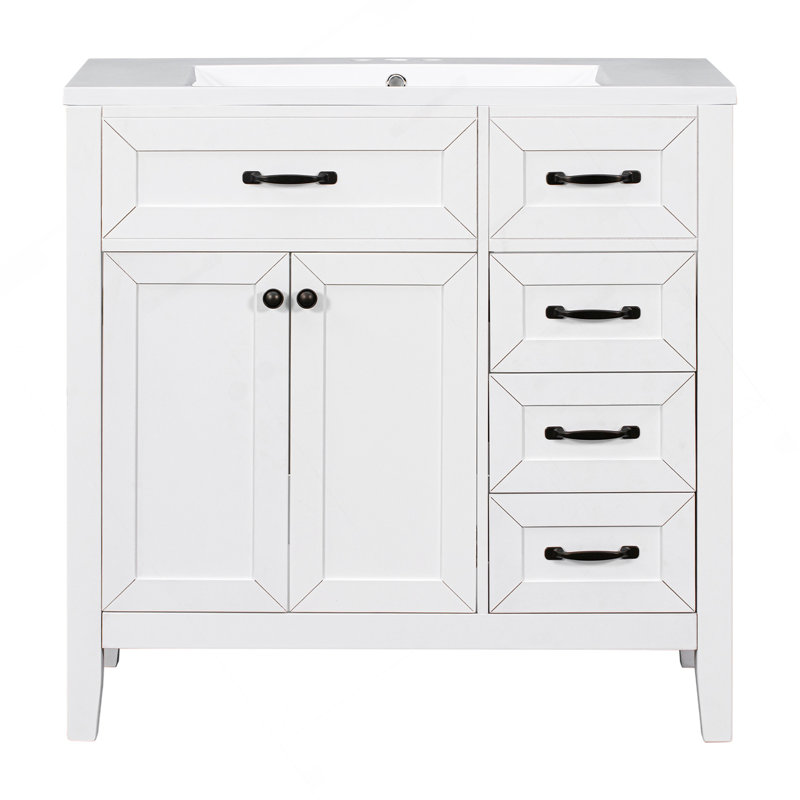 Ensemble de meuble-lavabo 36 po avec lavabo, armoire de salle de bain blanche avec tiroirs, cadre et panneau de fibres à densité moyenne (ancien sku: JL000007AAK)