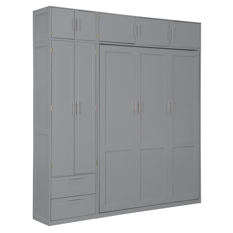 Grand lit escamotable mural avec armoires, tablettes et garde-robe, lit pliant peu encombrant avec tiroirs de rangement, gris