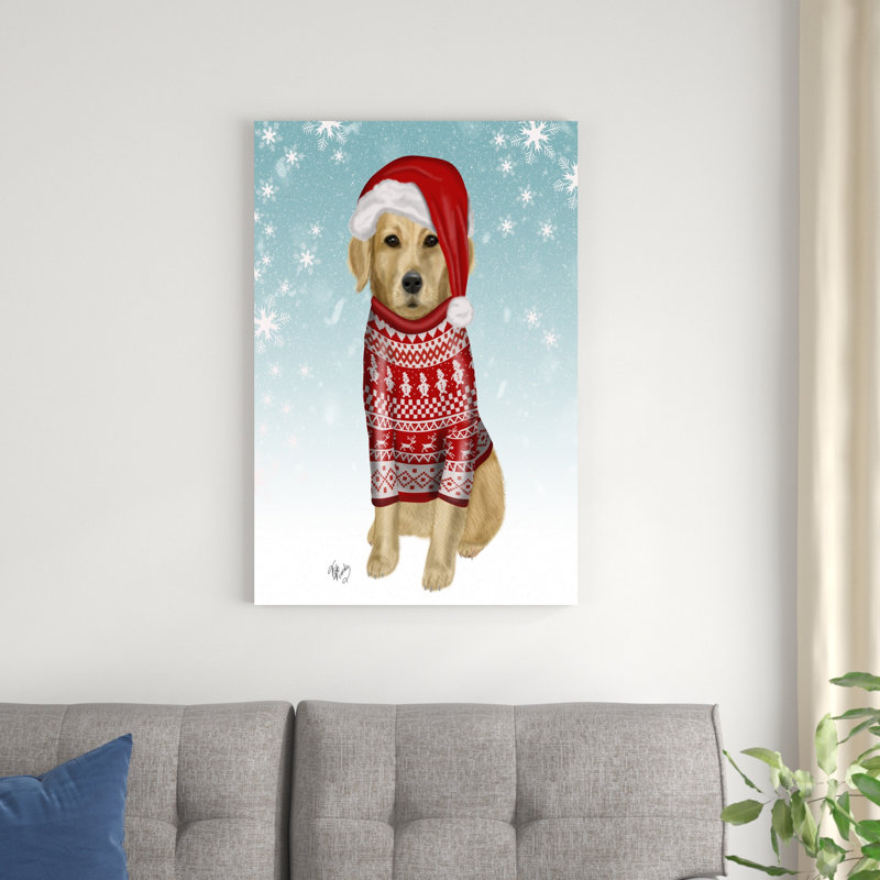 Golden Retriever In Christmas Sweater par Fab Funky - impression sur toile tendue, H 36 po x l 24 po