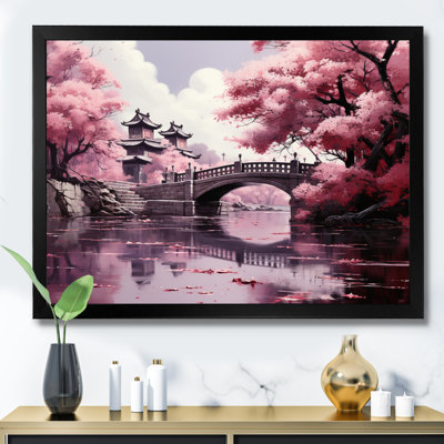 Japon Art Cherry Blossom Pink Bridge On Canvas Print