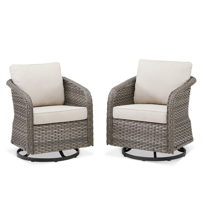 Outdoor Swivel Rocking Wicker Chairs Set Of 2, PE Rattan Patio Glider Chairs With Beige Cushions For Porch Or Backyard