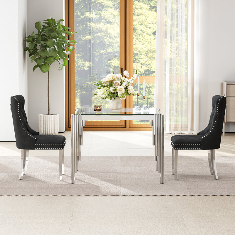Modern Metal And Glass Dining Table Set With 4 Luxury Velvet Dining Chairs, Clear, Silver, Black/Silver
