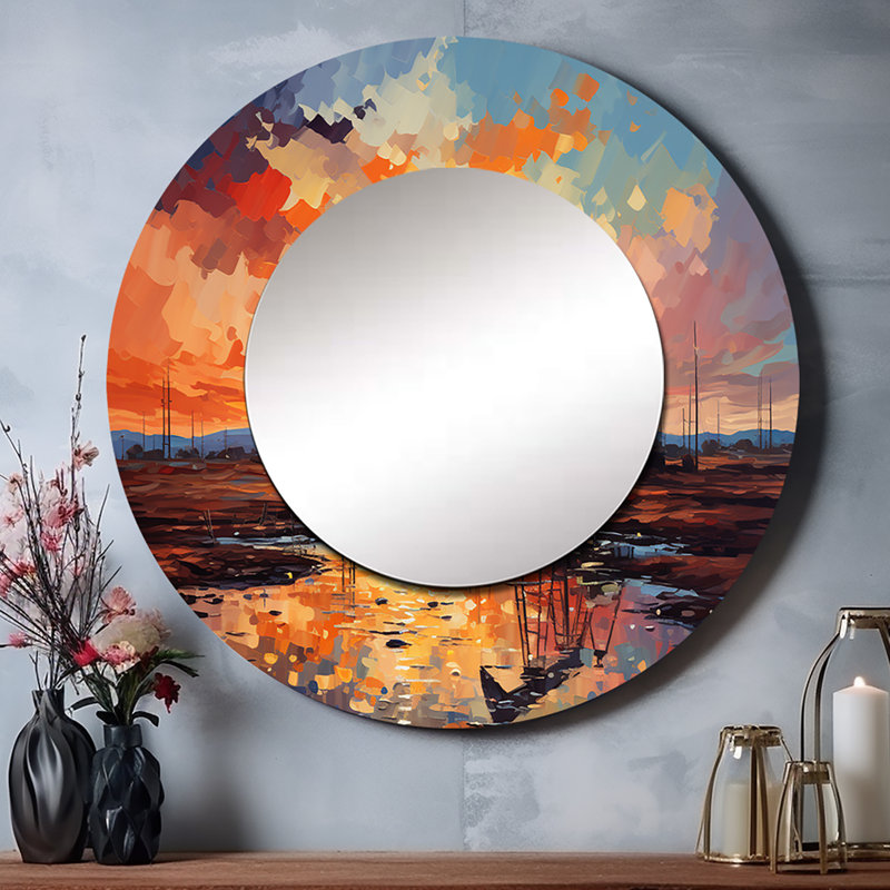 Orange Oil Rigs Pumpjack In Texas II - Oil Rigs / Fields Round Mirror Wall Decor, 29" x 29"