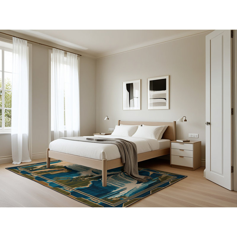 Machine Washable Art Deco Blue Area Rug, Rectangle 5' x 7'
